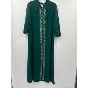 Vintage Green Embroidered Dress Womens 16 USA Made Zip Front Loungewear Medieval